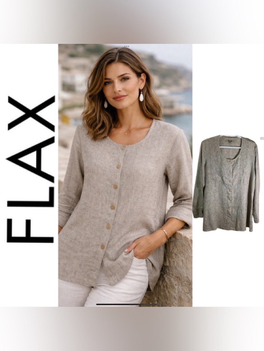 FLAX Linen Button Front Tunic Top Taupe, Relaxed Fit Lagenlook size P Minimalist